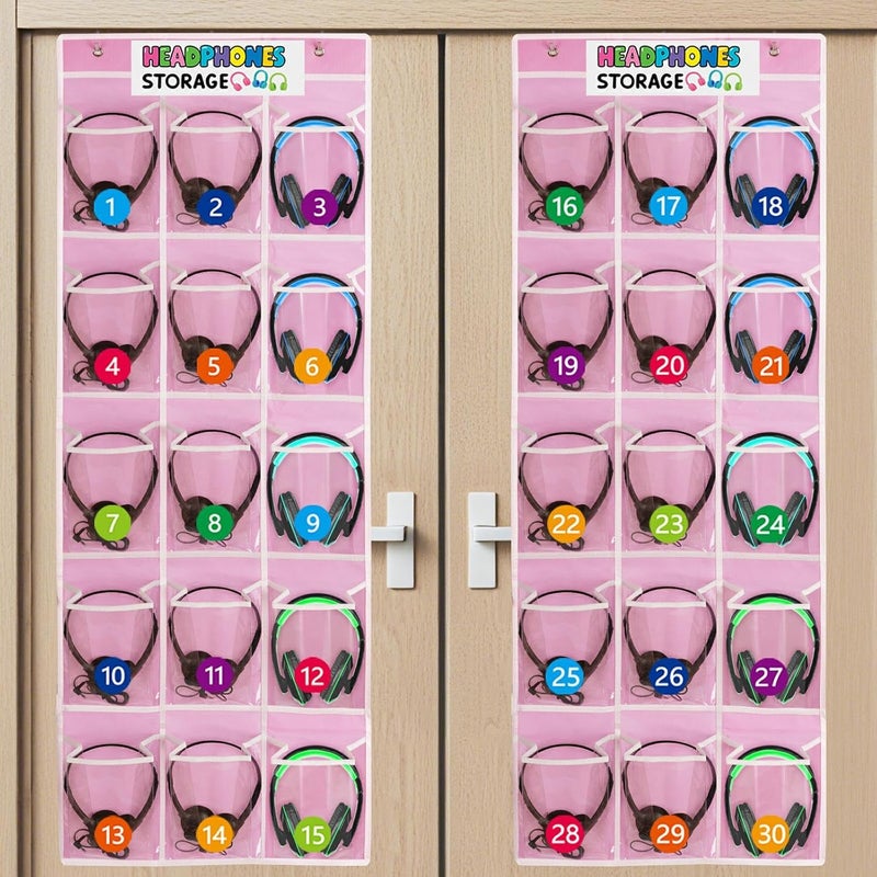 Olpchee 2 Pack Classroom Headphone Storage Organizer with 30 Pockets, PVC Clear Classroom Pocket Chart for Headphone Cell Phone Over-the-Door Hanging Headphone Holder Bag with 62 Labels(Pink) - Image 1